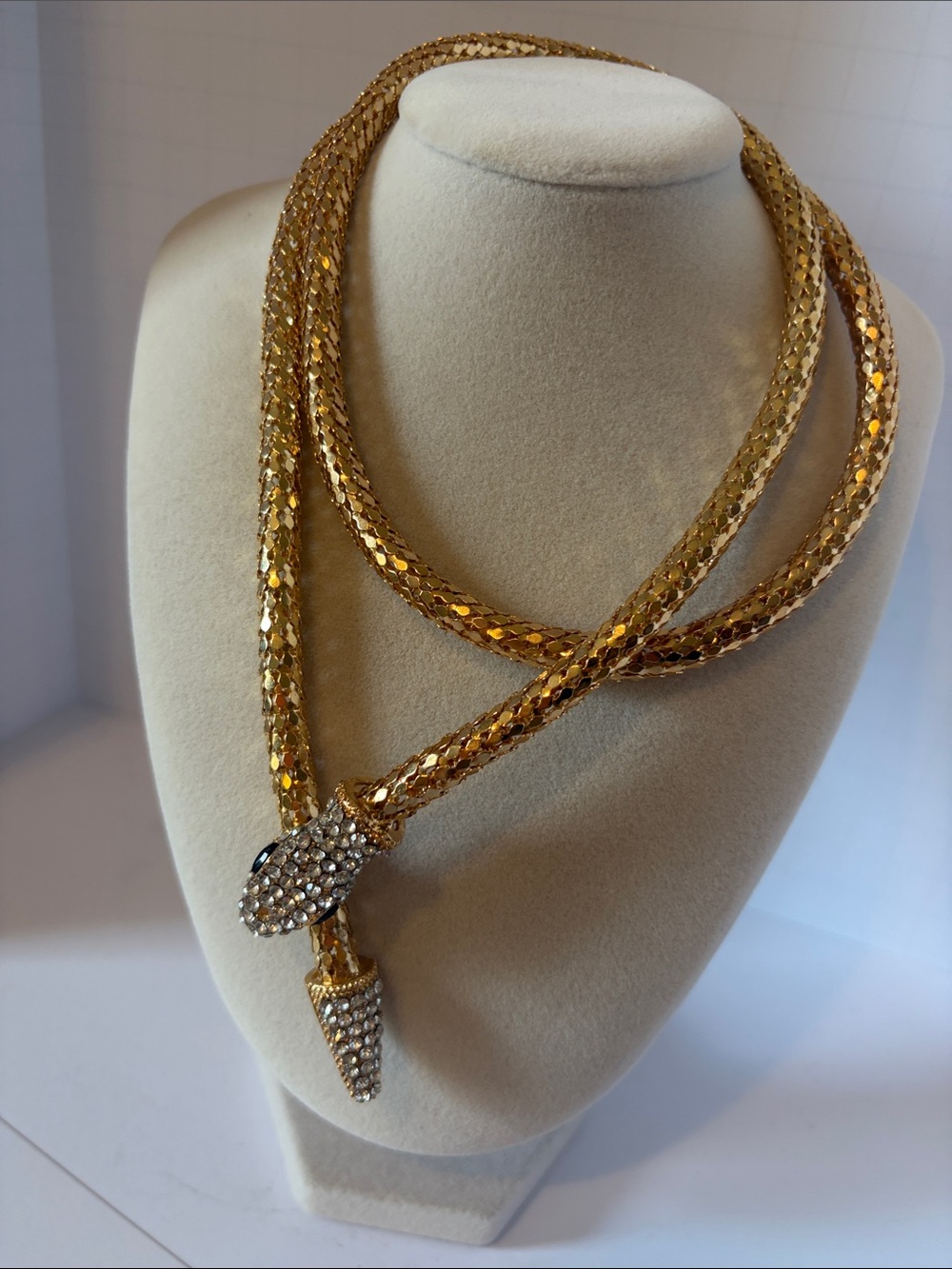 Gold Snake Lariat Necklace Pave Crystal Mesh Statement Choku